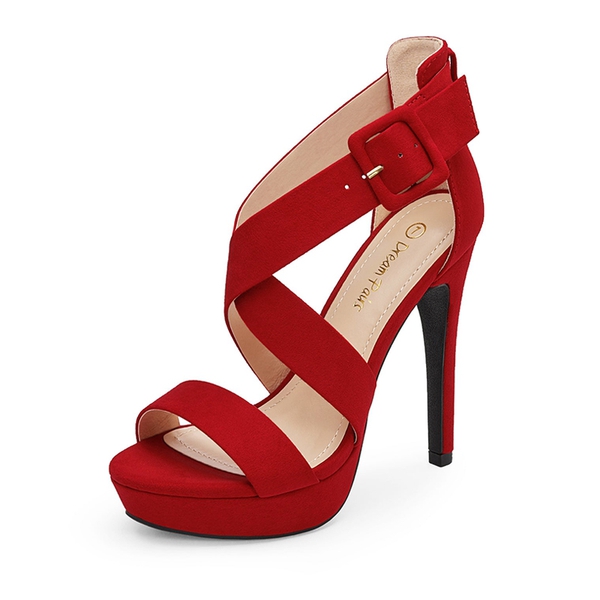 High Heel Strappy Platform Sandals - RED SUEDE -  0